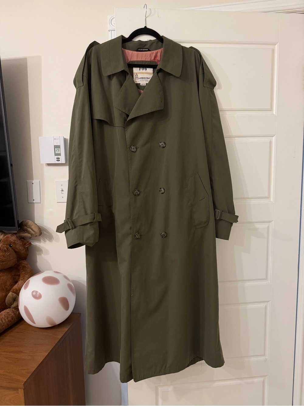 London Fog Olive Green Trench Coat, Size 40 Tall